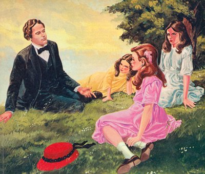 Charles Lutwidge Dodgson contando historias a Alice Liddell y sus dos hermanas de English School