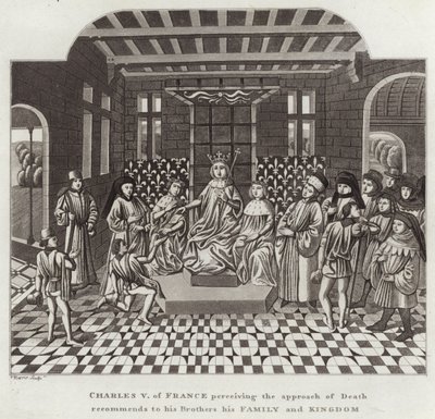 Carlos V de Francia, percibiendo la proximidad de la muerte, recomienda a sus hermanos su familia y reino de English School