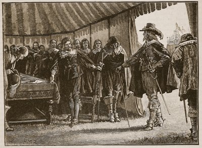 Carlos y los comisionados escoceses, ilustración de la Historia Ilustrada de Inglaterra de Cassell de English School