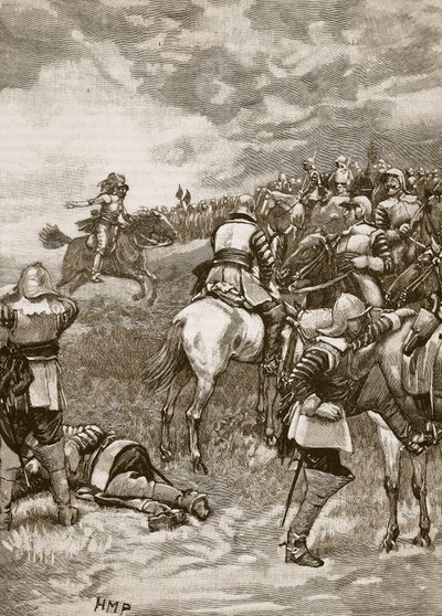Carlos en la Batalla de Naseby, ilustración de Cassells Illustrated History of England de English School