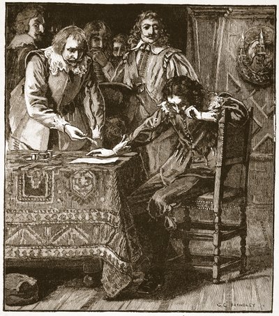 Carlos firmando la Comisión de Asentimiento a la Condena de Strafford, ilustración de la Historia Ilustrada de Inglaterra de Cassell de English School