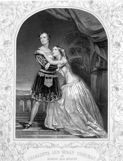 Charlotte y Susan Cushman como Romeo y Julieta, Acto III Escena 5 de Romeo y Julieta, de un daguerrotipo, pub. por John Tallis & Co. de English School