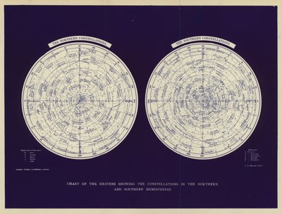 Mapa del cielo con las constelaciones del hemisferio norte y del hemisferio sur (litografía en color) de English School