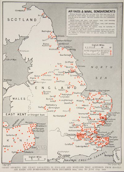 Mapa que muestra las localidades exactas en Inglaterra y Escocia que sufrieron bombardeos y ataques aéreos hostiles desde el 16 de diciembre de 1914 hasta el 17 de junio de 1918, 1918-19 de English School
