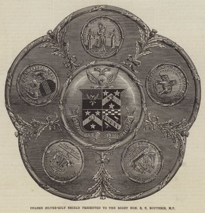 Escudo de plata dorada perseguido presentado al Muy Honorable E P Bouverie, MP (grabado) de English School