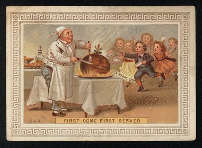 Chef cortando un pudín de ciruela, tarjeta de felicitación de Navidad de English School