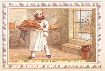 Chef sosteniendo una bandeja de pavo, Tarjeta de Navidad de English School