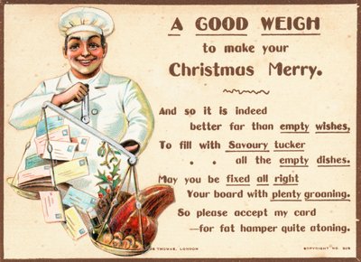 Chef pesando cartas y comida en balanzas, tarjeta de Navidad de English School