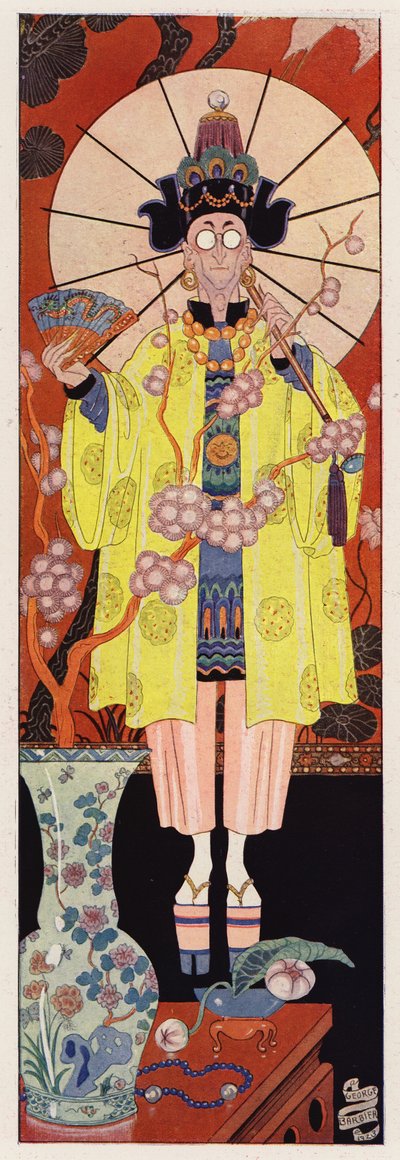 Chevalier de Villeclos con traje chino (litografia en color) de English School