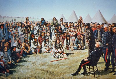 El jefe Poundmaker se rinde al general Middleton durante la Rebelión del Noroeste de 1885 de English School