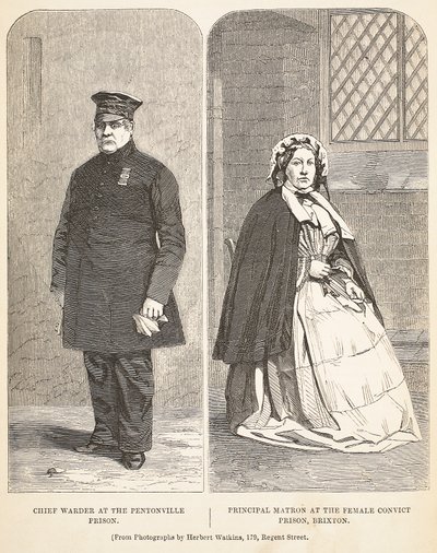 Jefe de celadores en la prisión de Pentonville y matrona principal en la prisión de convictas de Brixton, ilustración de Las prisiones criminales de Londres y escenas de la vida en prisión de Henry Mayhew y John Binny de English School