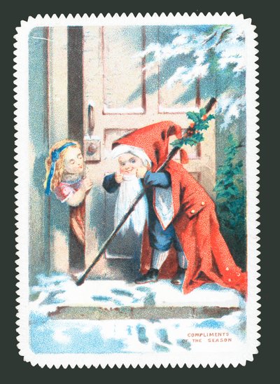 Niño vestido de Santa llamando a la puerta, tarjeta de Navidad de English School