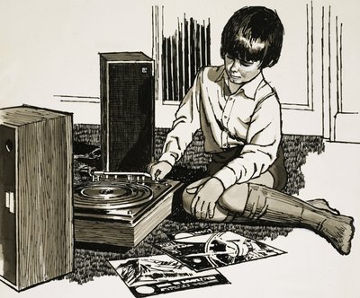 Niño jugando con un tocadiscos de English School