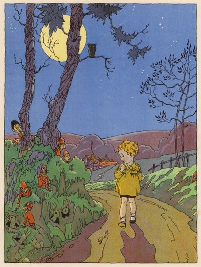 Niño caminando de noche viendo conejos, duendes y otras criaturas (litografía en color) de English School