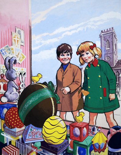 Niños admirando una exhibición de Pascua de English School