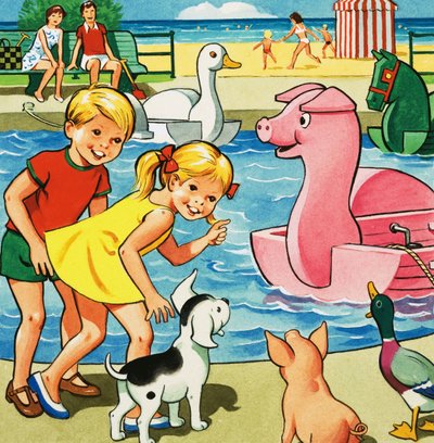 Niños y animales de granja junto al estanque de pedales de English School