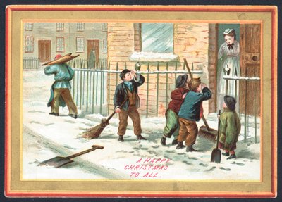 Niños limpiando la nieve y llamando a las puertas, tarjeta de Navidad de English School