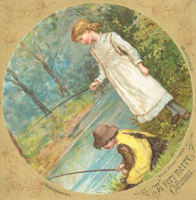 Niños pescando en la orilla del río, tarjeta de Navidad de English School