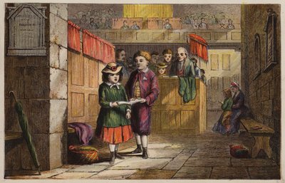 Niños en una iglesia (grabado en color) de English School