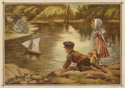 Niños botando un yate a escala (litografia en color) de English School