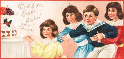 Niños mirando la comida de Navidad, tarjeta de Navidad de English School