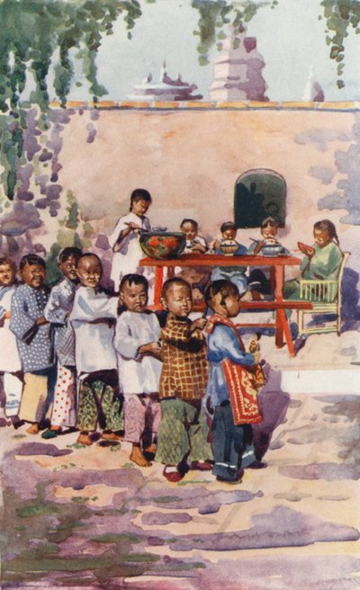 Niños de China: Niños comiendo y jugando (litografía en color) de English School