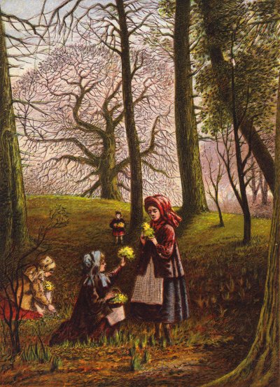 Niños recogiendo flores en el bosque (litografía en color) de English School