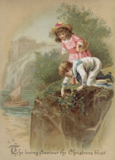 Niños recogiendo flores en la orilla de un río, tarjeta de Navidad de English School