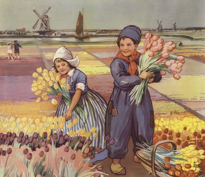 Niños recogiendo tulipanes en Holanda (litografía en color) de English School