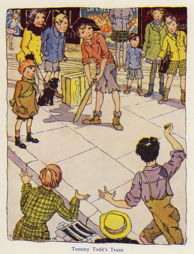 Niños jugando críquet en la calle (litografia en color) de English School