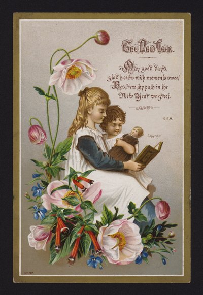 Niños leyendo un libro, tarjeta de felicitación de Año Nuevo, finales del siglo XIX o principios del XX (cromolito) de English School