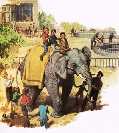 Niños montando a Jumbo en el Zoológico de Londres de English School