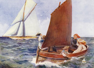 Niños navegando y viendo pasar un yate (litografia en color) de English School