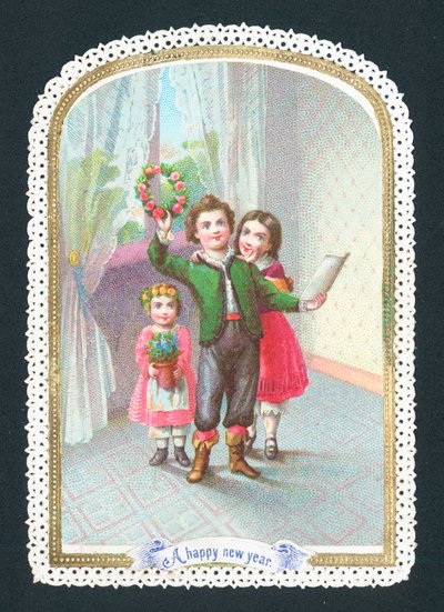 Niños con corona y flores, tarjeta de Año Nuevo de English School