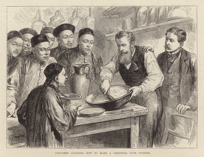 Chinos aprendiendo a hacer un budín de ciruelas navideño (grabado) de English School