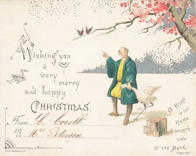 Hombre chino sosteniendo una cigüeña, tarjeta de Navidad de English School