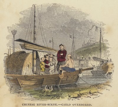 Escena de Río en China, Niño al Agua (grabado coloreado) de English School