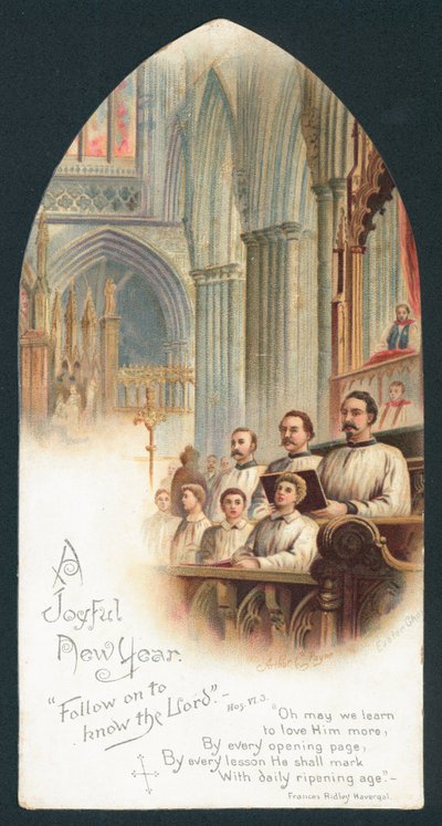 Coro cantando en la iglesia, Tarjeta de Año Nuevo de English School