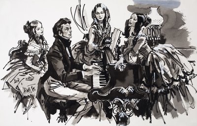 Chopin con admiradoras (gouache sobre papel) de English School
