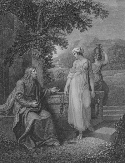 Cristo y la mujer de Samaria, San Juan 4, Versículo 5-27 (grabado) de English School