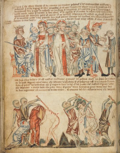 Cristo ante Herodes y ante Pilatos; Herodes se lava las manos; la flagelación de Cristo, Add. 47682, f.30v, c.1320-30 (vitela) de English School