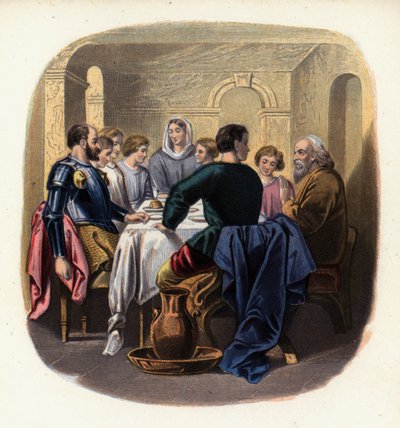 Christiana y los peregrinos en la casa de Gaius, una ilustración de The Pilgrim