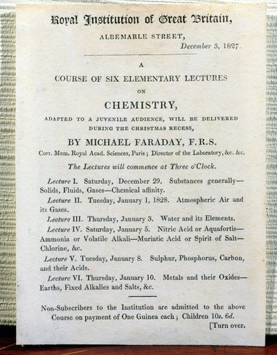 Folleto navideño para Seis conferencias elementales sobre química por Michael Faraday, 3 de diciembre de 1827 de English School