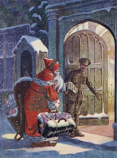 Anuncio navideño mostrando a Santa Claus trayendo regalos para los soldados de la Primera Guerra Mundial de la tienda por departamentos Dickins and Jones de English School