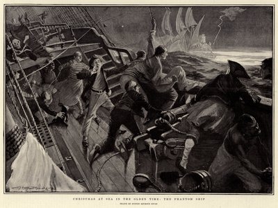 Navidad en el mar en los viejos tiempos, el barco fantasma (litografía) de English School
