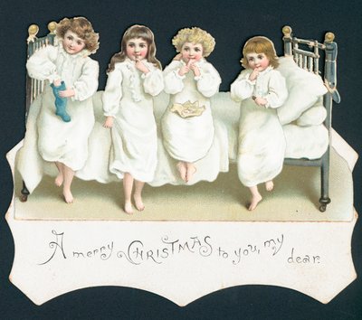 Tarjeta de Navidad, niños en la cama con sus medias de English School