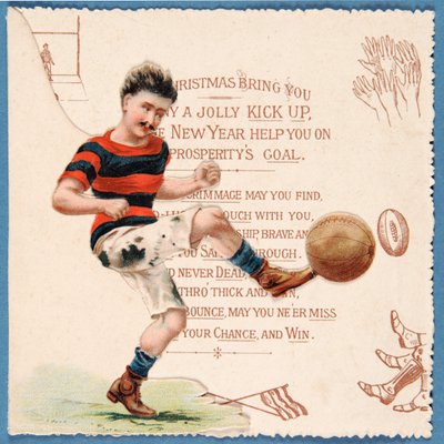 Tarjeta navideña que muestra a un futbolista pateando un balón, c.1890s de English School