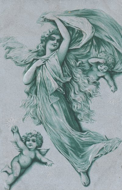 Tarjeta de Navidad con un ángel y dos querubines de English School