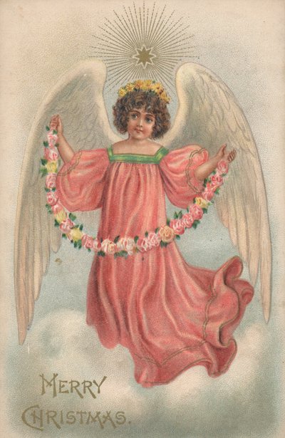 Tarjeta de Navidad con un ángel sosteniendo una cadena de flores de English School