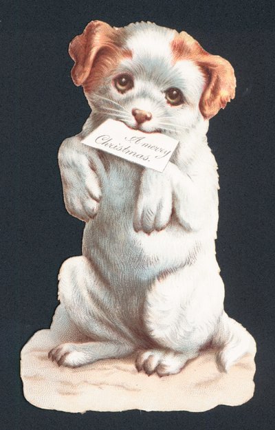 Tarjeta de Navidad con cachorro llevando una tarjeta de English School